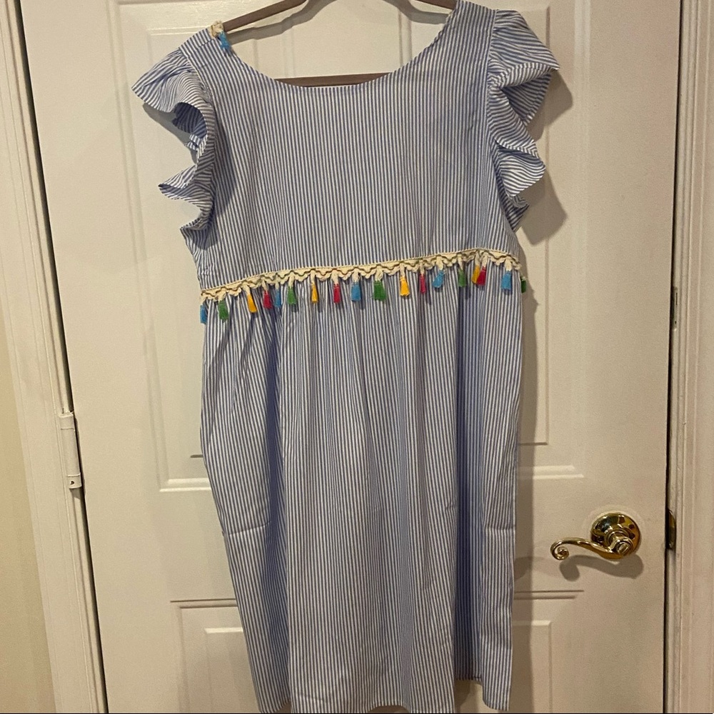 Women's Tie Back Ruffle Trim Sleeveless Swing Mini Dress light blue XL